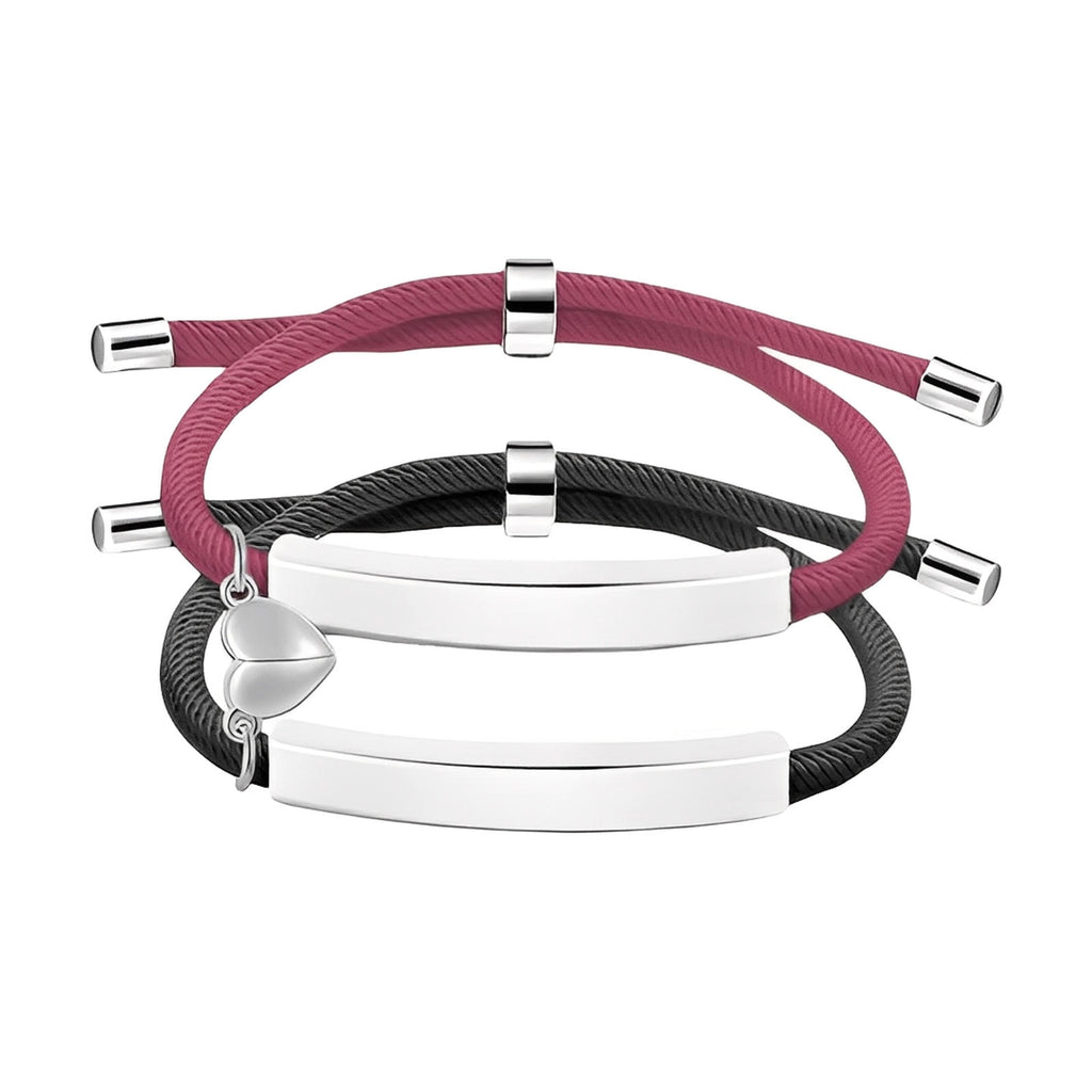 Bracelet couple corde rose et noir avec plaques acier inoxydable et cœur magnétique gravable.