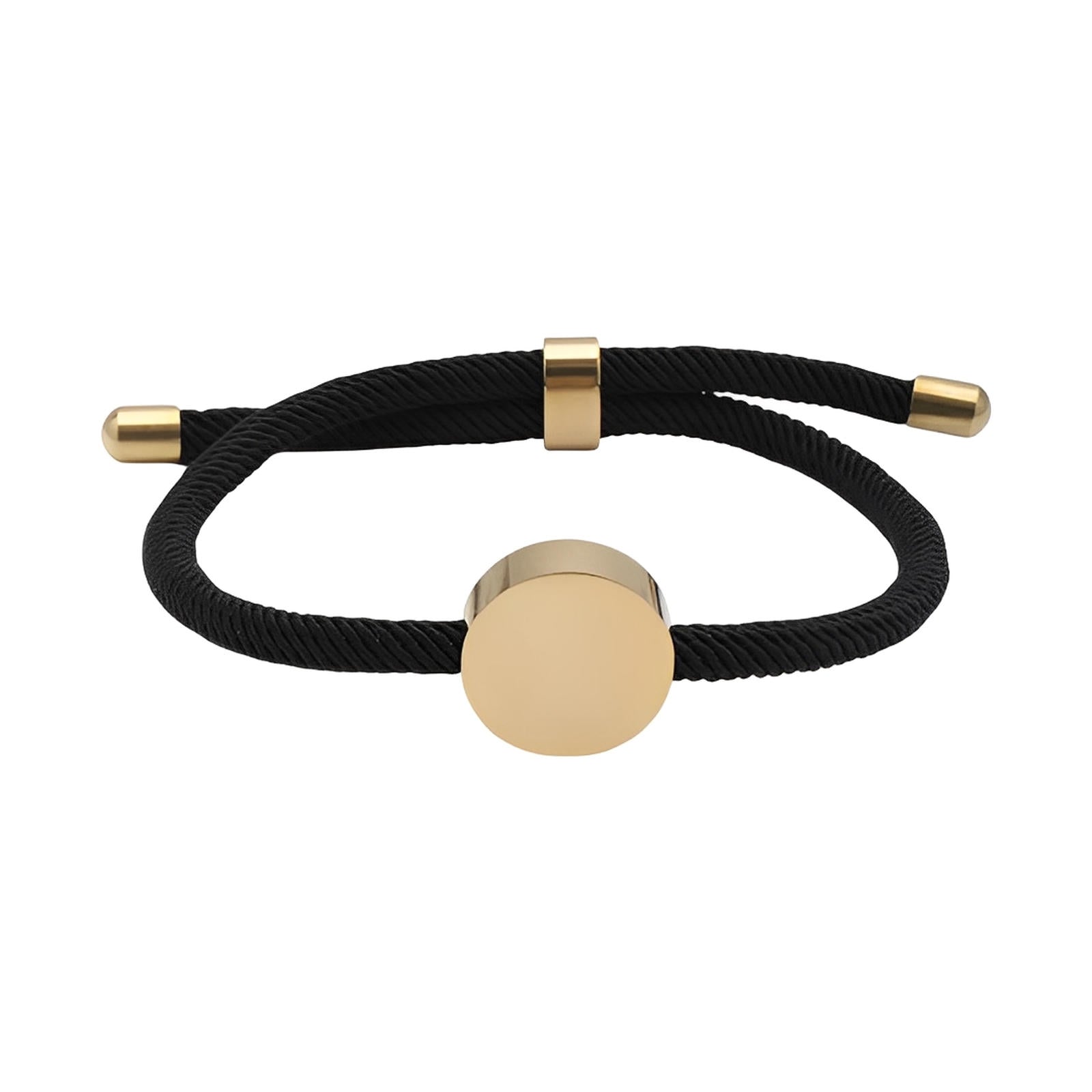 Bracelet cordon noir avec médaillon rond en acier inoxydable doré et détails dorés.