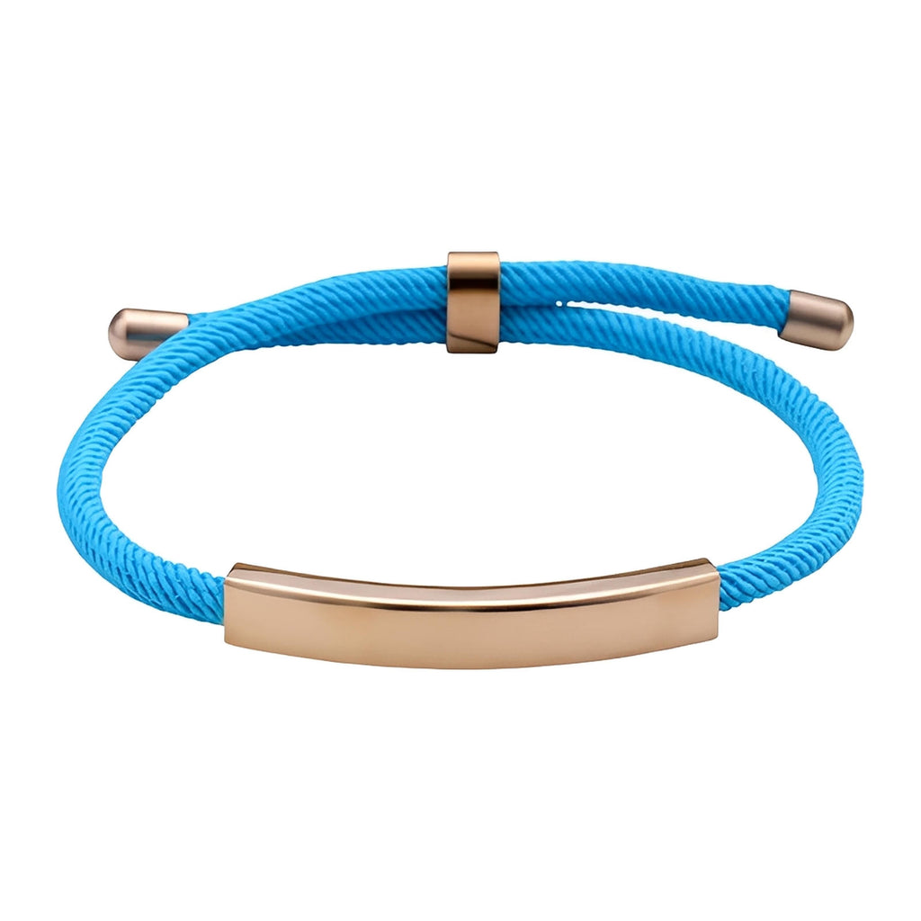 Bracelet cordon nylon bleu avec barre et fermoir coulissant en acier inoxydable doré.