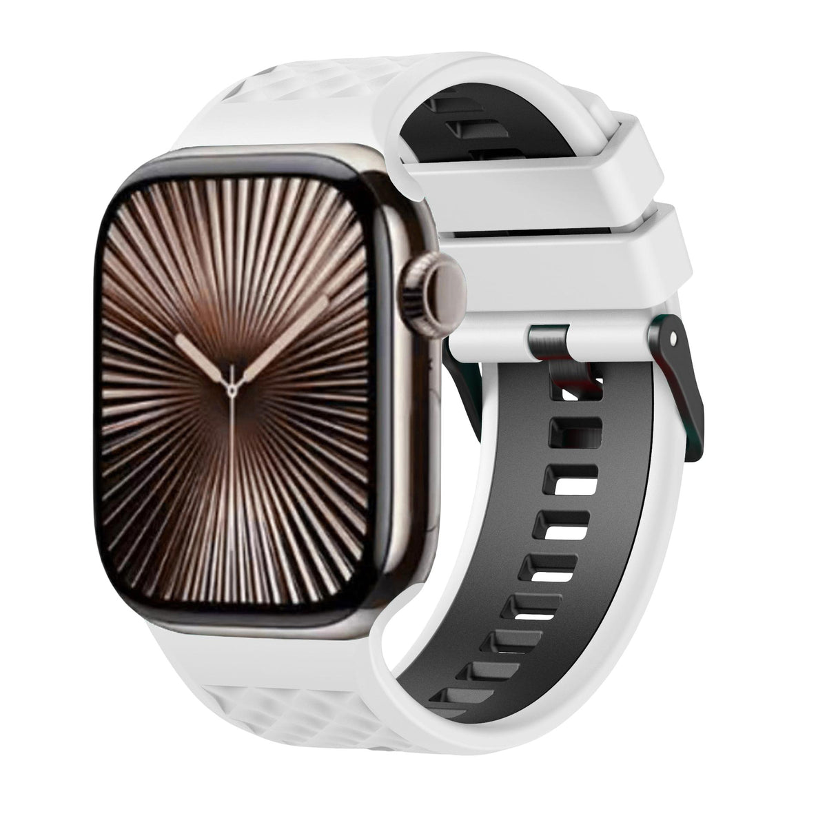 Bracelet silicone compatible Apple Watch, texture géométrique, boucle ardillon réglable, idéal sport, modèle Brush