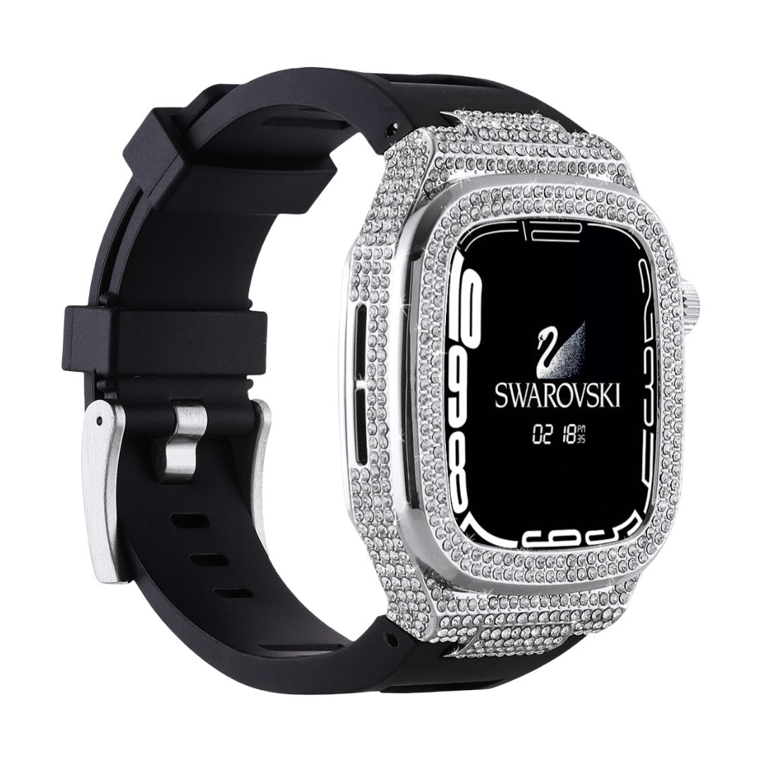 Coque scintillante en strass clairs avec bracelet silicone noir pour Apple Watch 44/45/46mm.