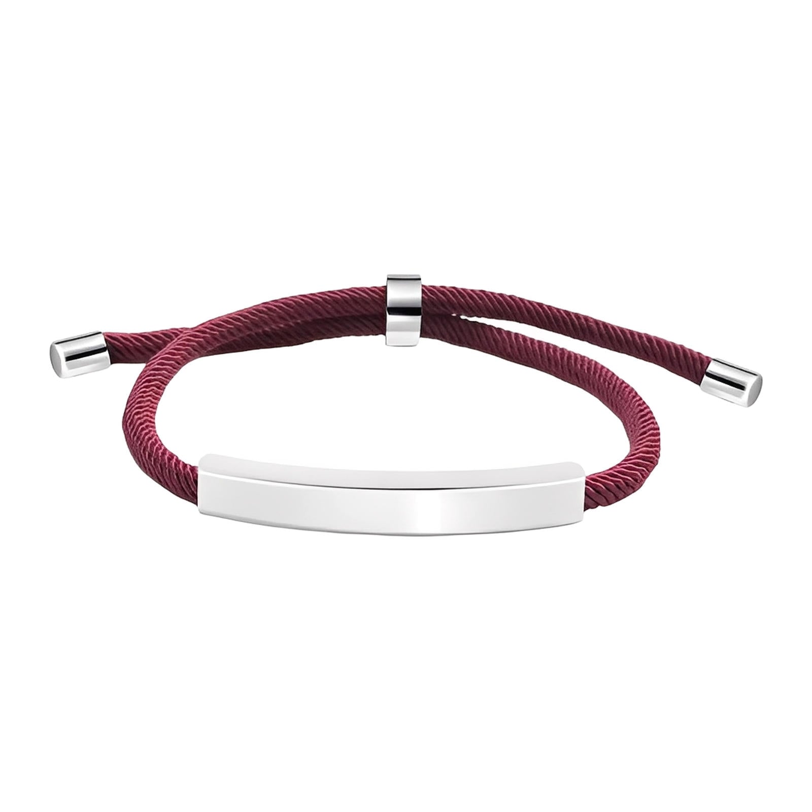 Bracelet en cordon nylon bordeaux avec barre en acier inoxydable et fermoir coulissant argenté.