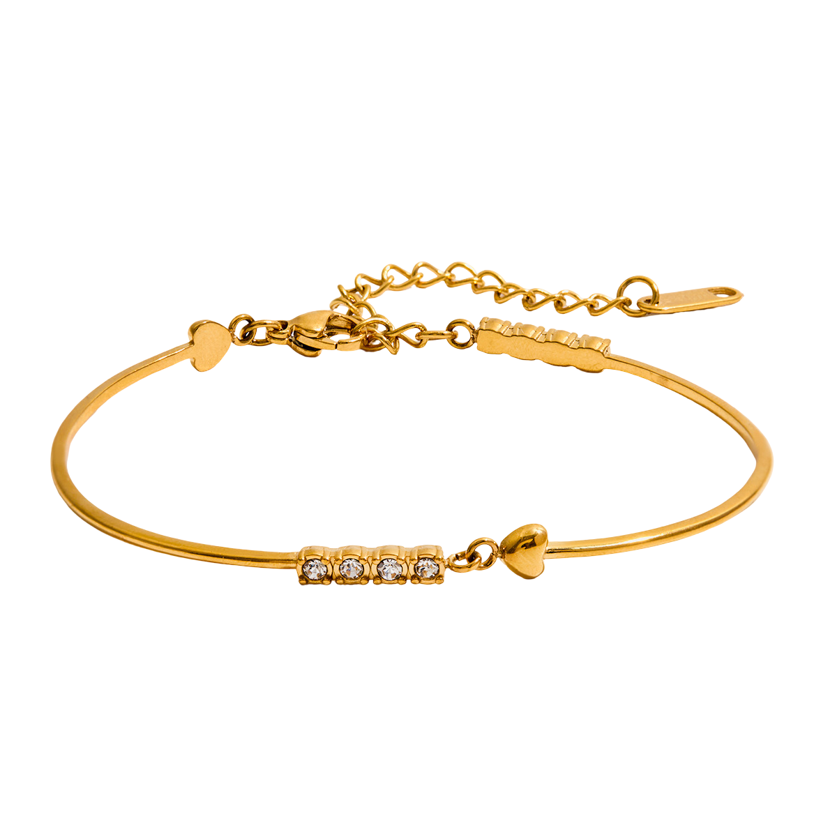 Bracelet jonc doré fin avec cœur et rangée de zircons brillants, fermoir mousqueton ajustable.