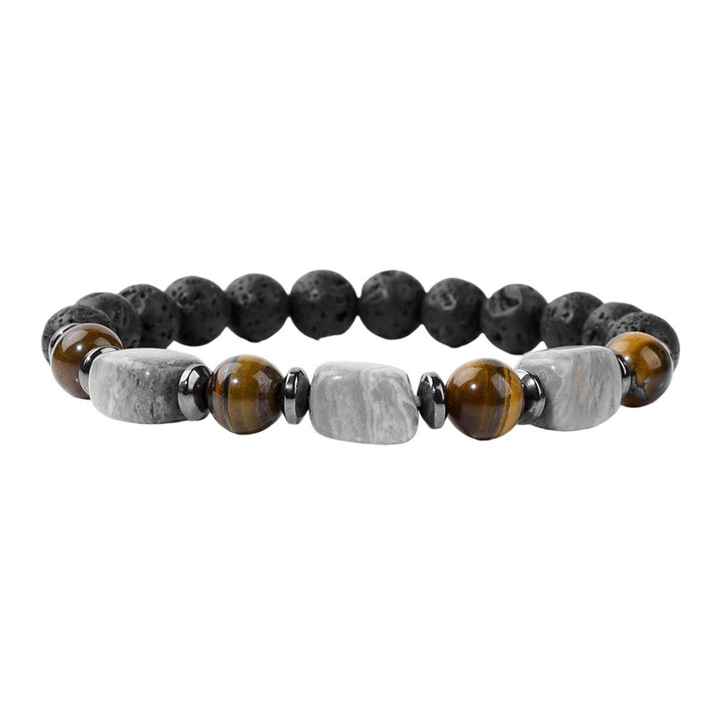 Bracelet élastique avec perles rondes noires en pierre volcanique et gemmes naturelles marron et grises, design masculin.