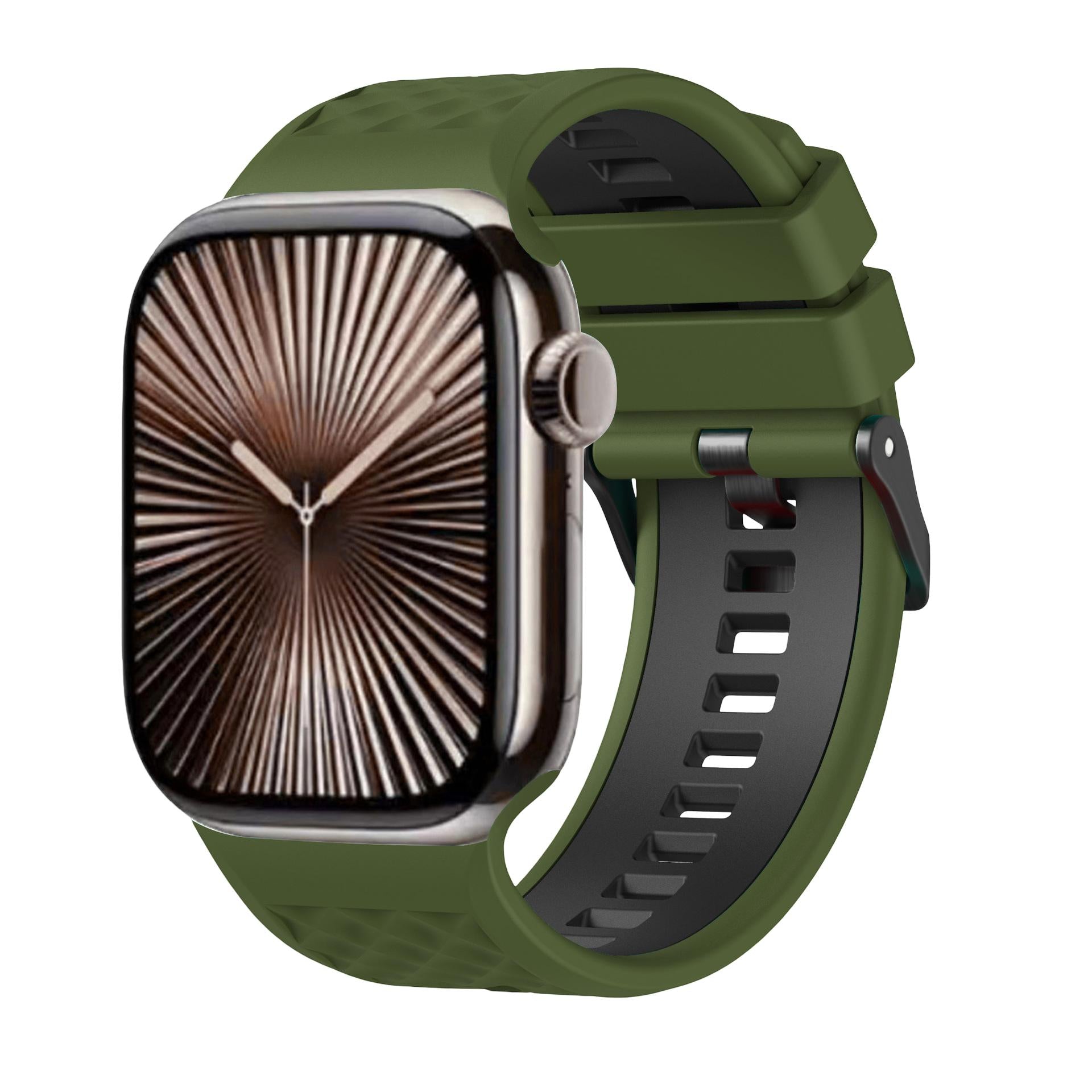 Bracelet silicone compatible Apple Watch, texture géométrique, boucle ardillon réglable, idéal sport, modèle Brush