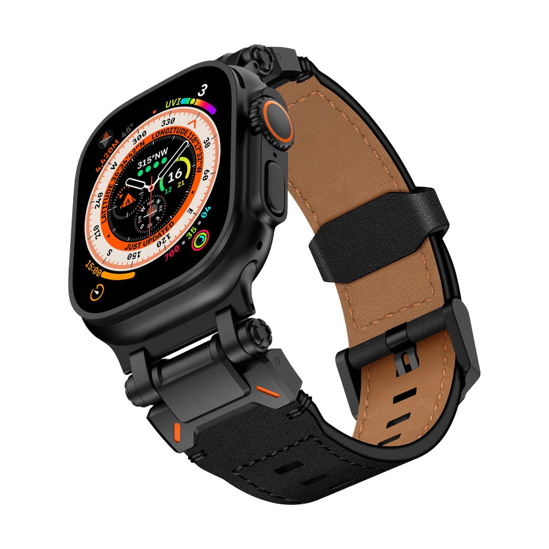 Bracelet en cuir noir avec doublure marron, bouclier ardillon en acier inoxydable noir, style robuste pour Apple Watch 42-49