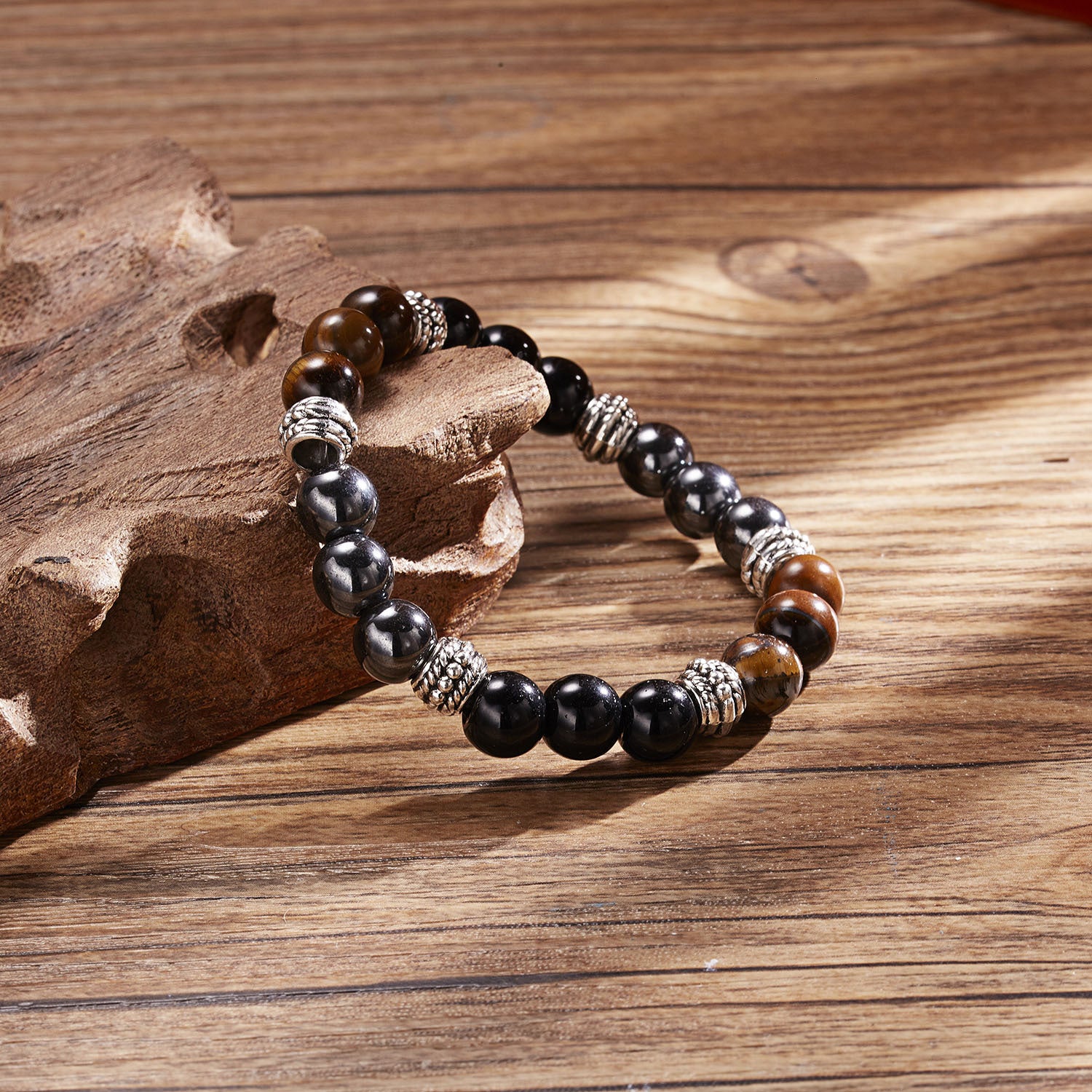 Bracciale con perle di occhio di tigre nero, perle naturali 8 mm, bracciale elastico dallo stile deciso, modello Fadicio