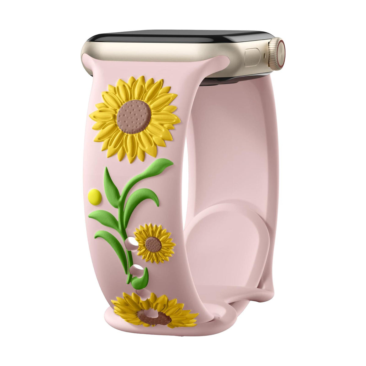 Bracelet Apple Watch silicone fleur de tournesol en relief, taille ajustable, disponible en plusieurs coloris, modèle Sunda