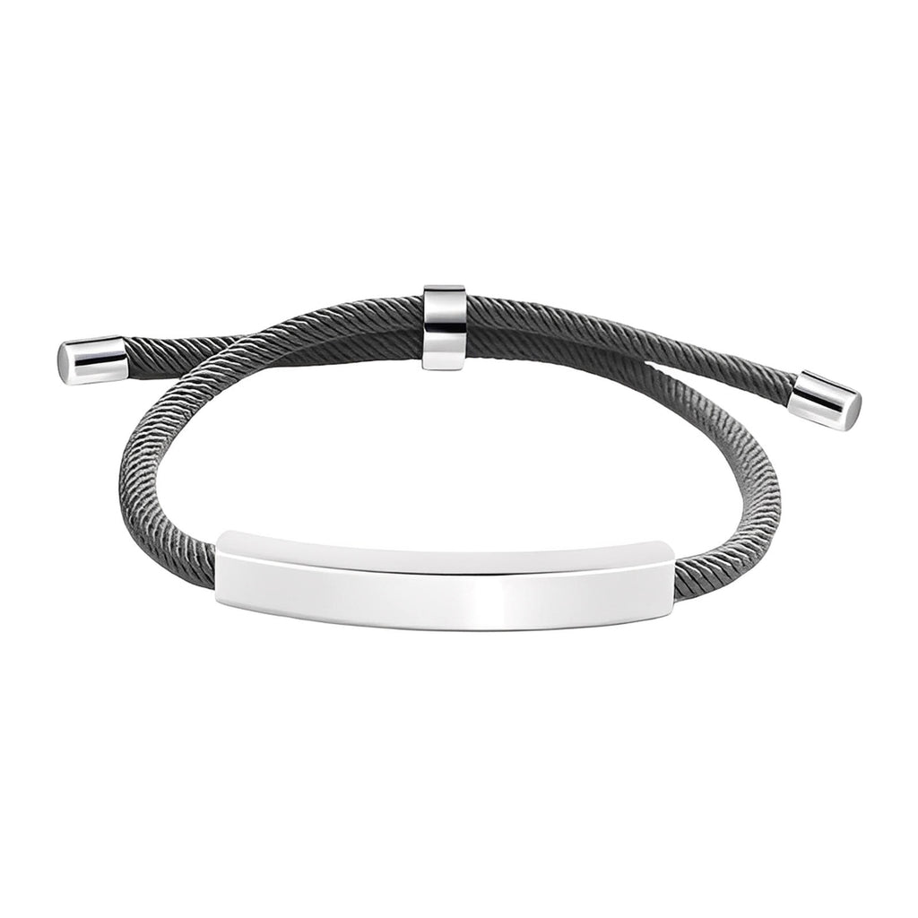 Bracelet cordon nylon gris anthracite avec barre inox poli et fermoir coulissant argenté.