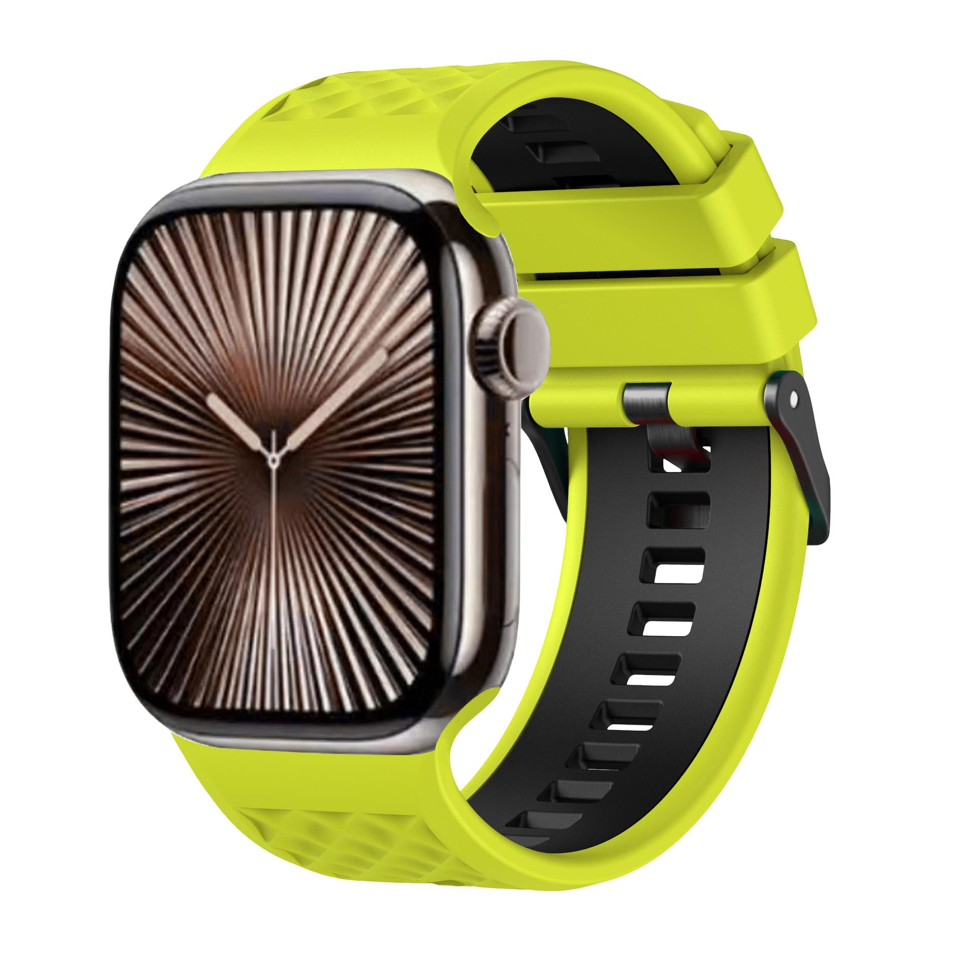 Bracelet silicone compatible Apple Watch, texture géométrique, boucle ardillon réglable, idéal sport, modèle Brush
