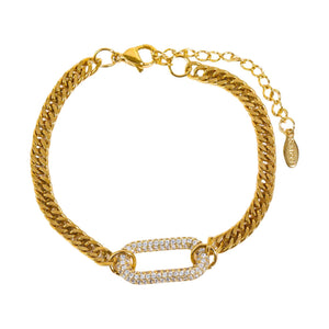 Bracelet gourmette doré, maille cubaine en acier inoxydable, maillon central serti de zirconiums, ajustable, modèle Cindelle