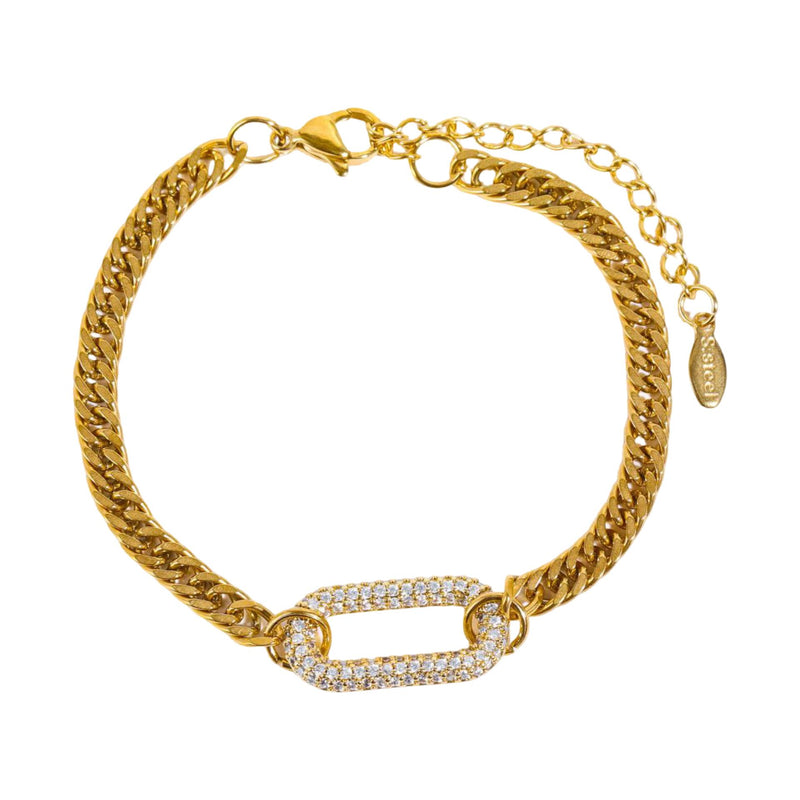 Bracelet gourmette doré, maille cubaine en acier inoxydable, maillon central serti de zirconiums, ajustable, modèle Cindelle