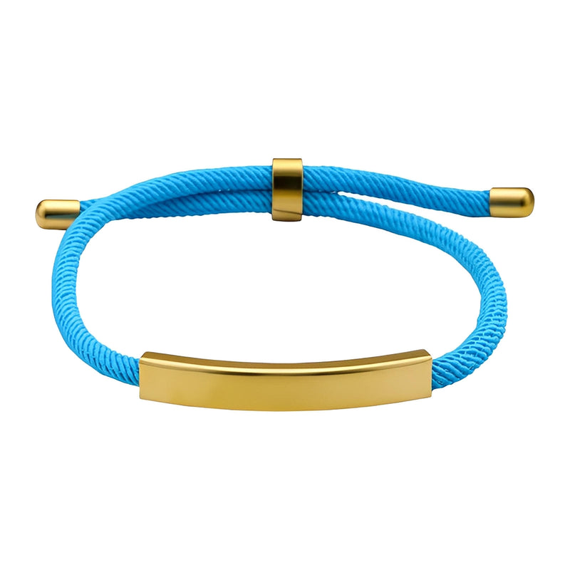 Bracelet en nylon bleu avec barre et embouts en acier inoxydable doré, fermoir coulissant ajustable.