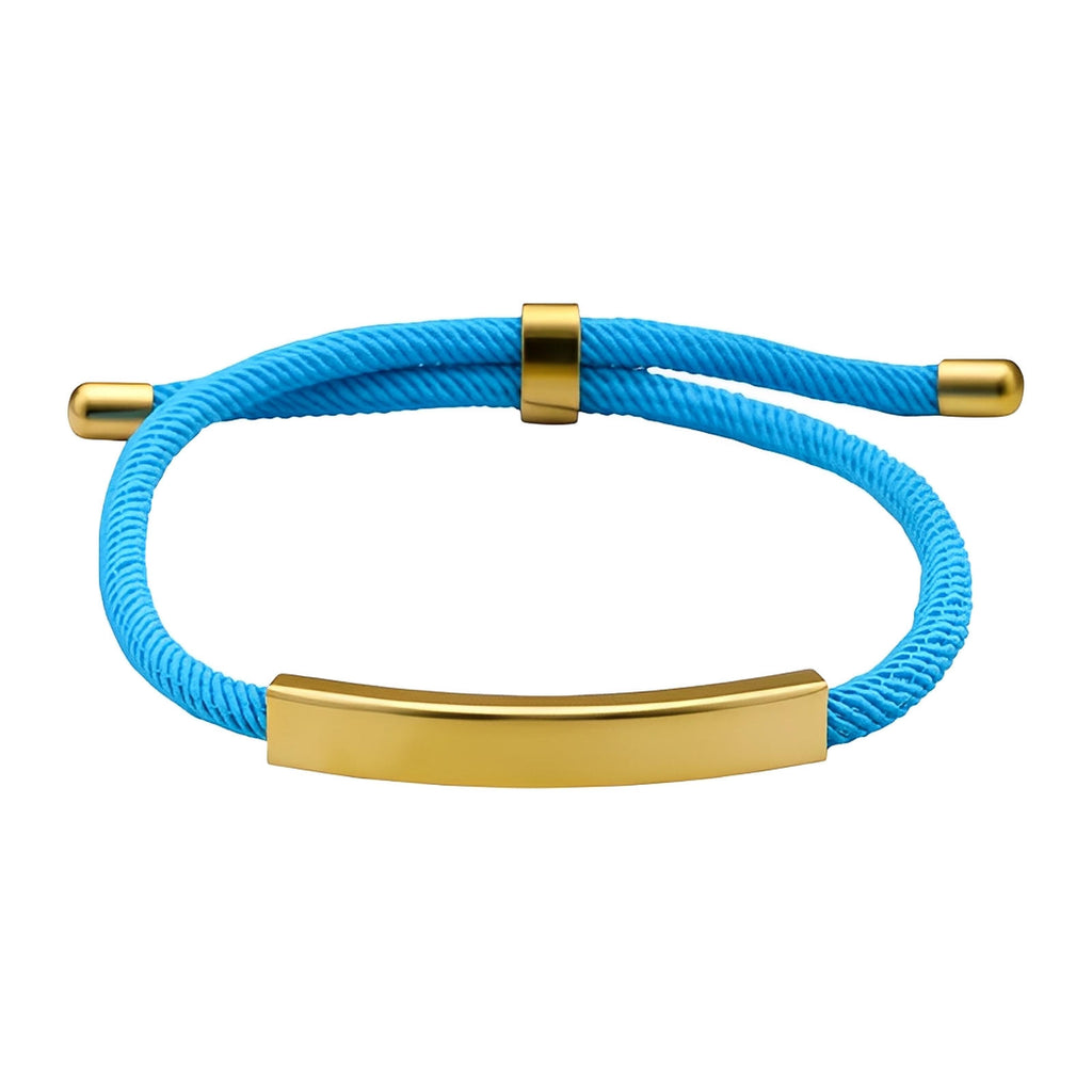 Bracelet en nylon bleu avec barre et embouts en acier inoxydable doré, fermoir coulissant ajustable.