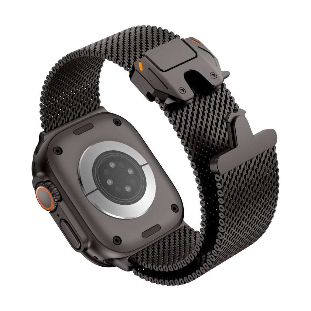 Bracelet Apple Watch maille milanaise en acier inoxydable noir avec fermoir sécurité parachute tactique robuste.