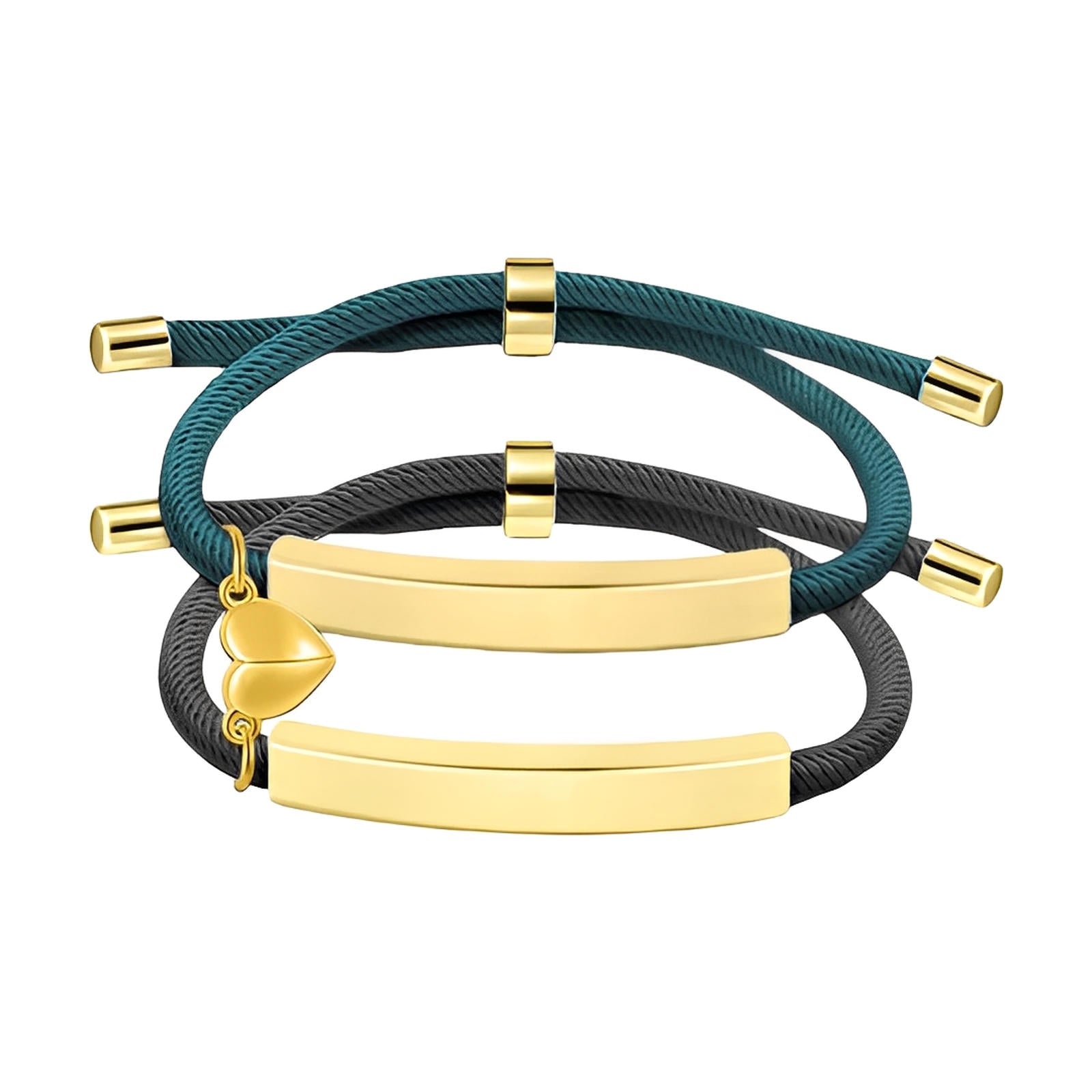 Bracelets couple en corde bleu et noir avec plaques gravées en acier inox doré, cœur aimanté doré sur le bleu.