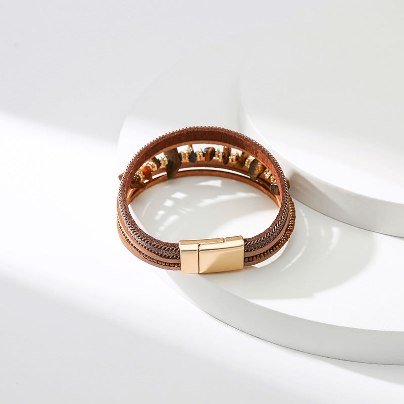 Multi-strand bracelet in vegan imitation leather, irregular natural stones, gold-colored magnetic clasp, bold style, Estie model