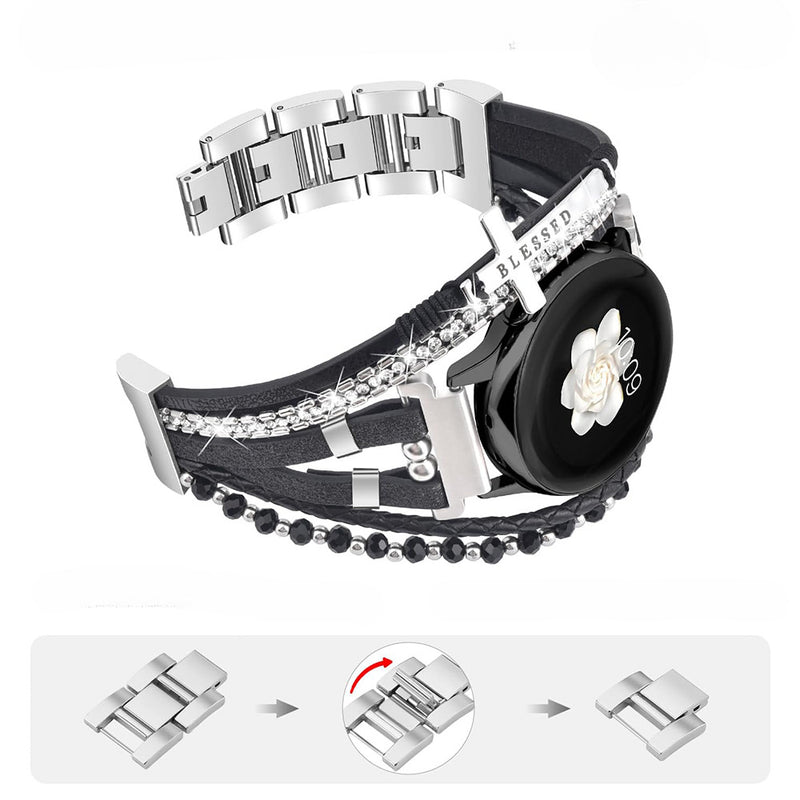 Armbånd til Samsung-ur / Garmin-ur / Ice-ur / Huawei-ur, flerstrenget i flettet læder og rustfrit stål, funklende glassten og indgraveret kors med teksten "Blessed", model Nadine