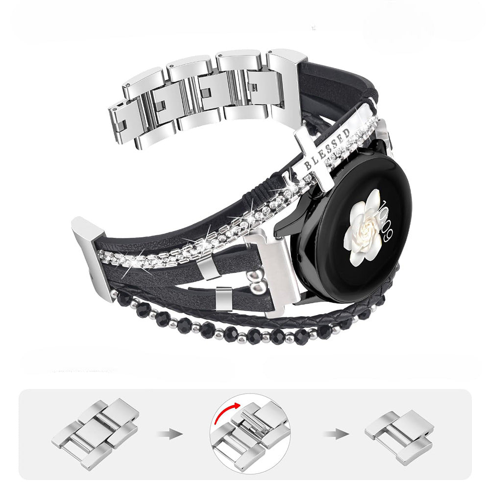 Armbånd til Samsung-ur / Garmin-ur / Ice-ur / Huawei-ur, flerstrenget i flettet læder og rustfrit stål, funklende glassten og indgraveret kors med teksten "Blessed", model Nadine
