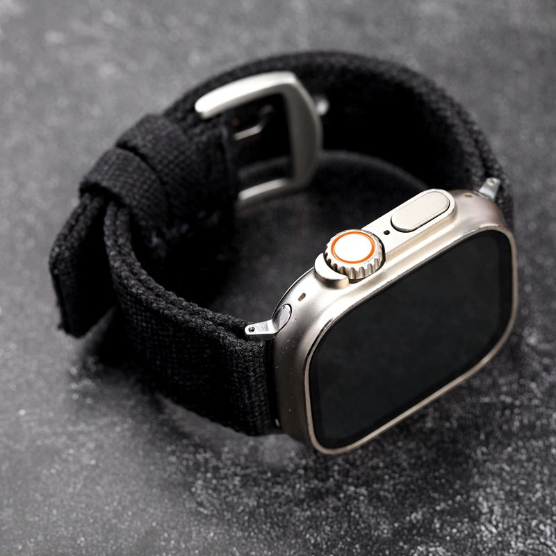 Apple Watch Armband aus dickem, doppellagigem Gewebe, robuster Stil, Stahlschließe, langanhaltender Tragekomfort am Handgelenk, Modell Jeffrey