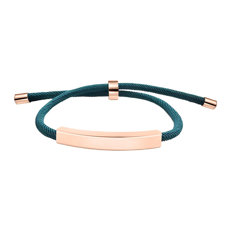 Bracelet cordon nylon bleu marine avec barre personnalisable en acier inoxydable doré rose et fermoir coulissant.