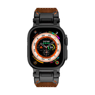 Bracelet Apple Watch cuir marron avec surpiqûres orange, fermoir boucle ardillon acier noir robuste, style explorateur.