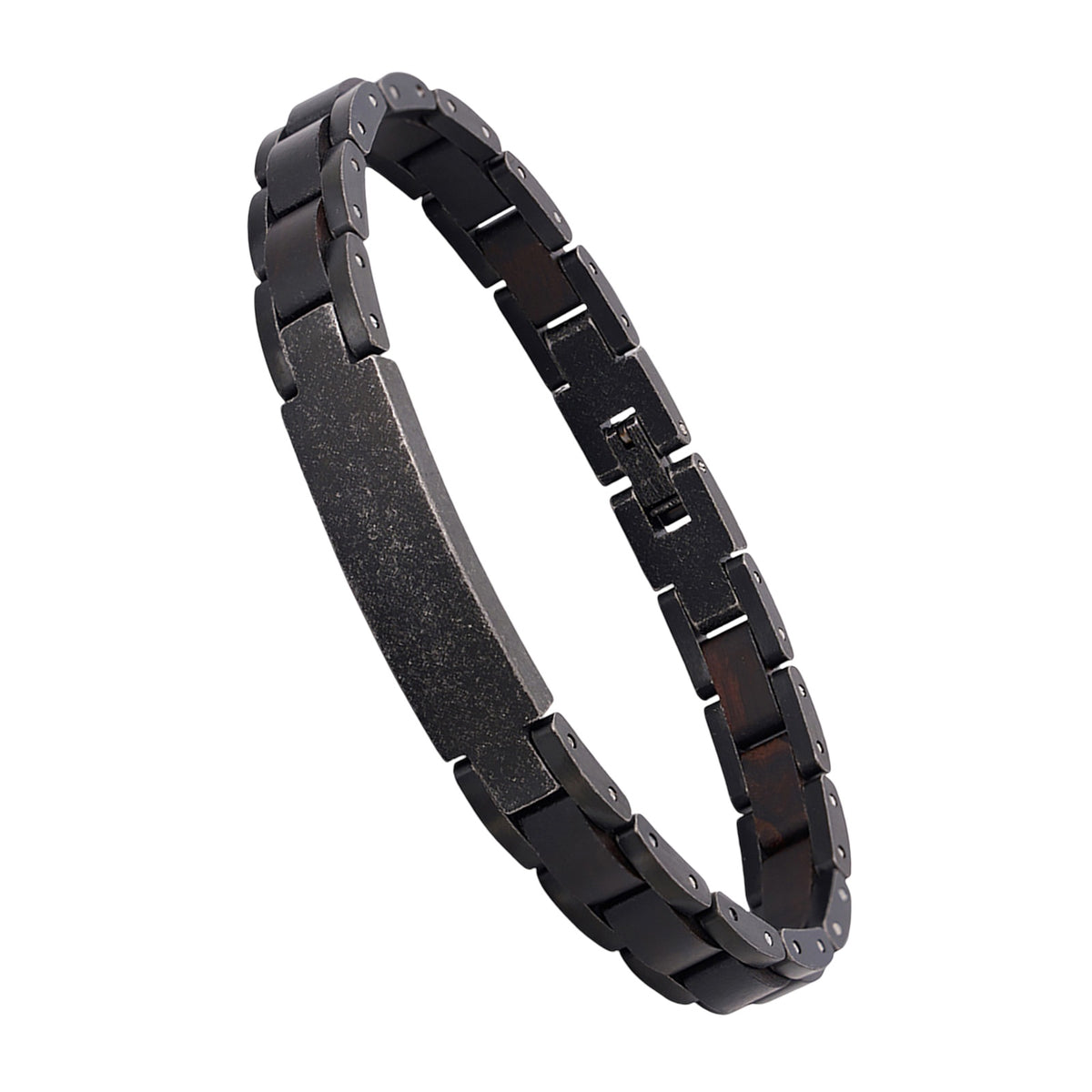 Bracelet en bois et acier inoxydable, plaque personnalisable par gravure, maillons ajustables, modèle Vodin