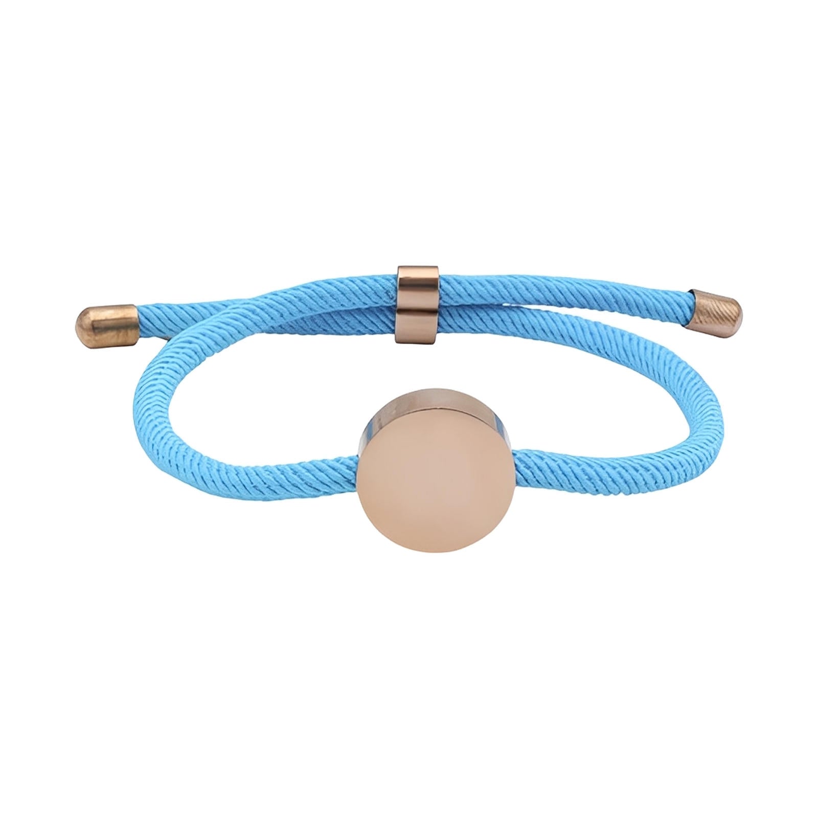 Bracelet cordon bleu ciel avec médaille ronde en acier inoxydable doré rose, style minimaliste.