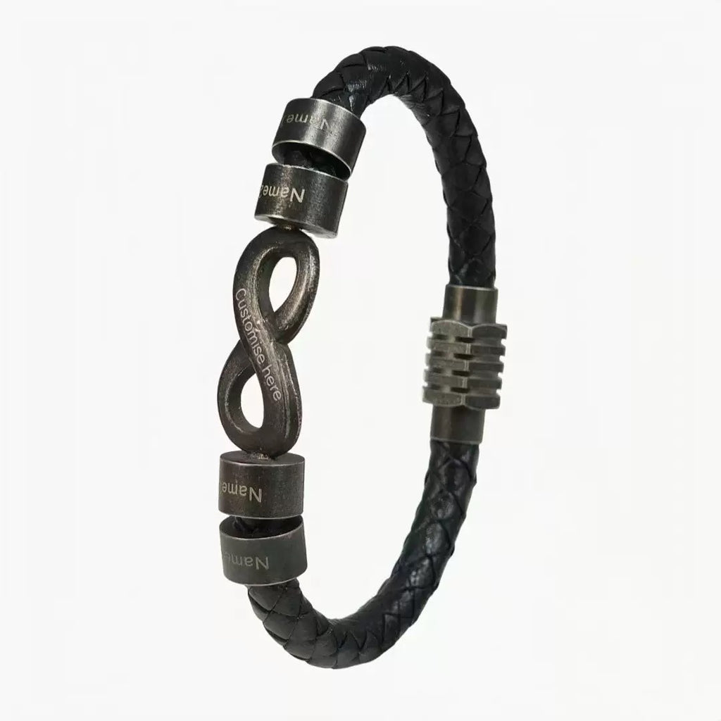 Bracelet infini personnalisable, croûte de cuir noir tressée, 3 anneaux à graver, acier inoxydable, fermoir magnétique, modèle Hestio
