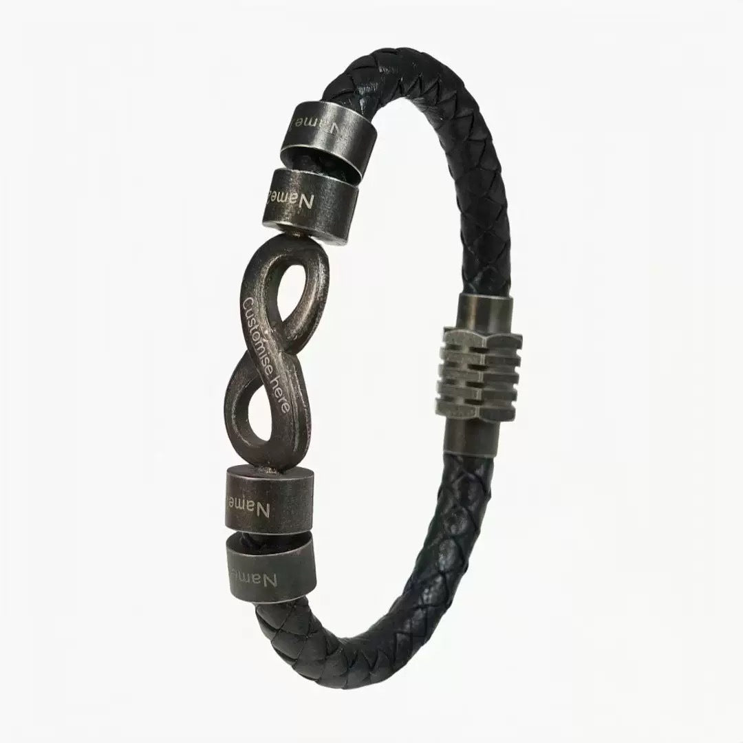 Bracelet infini personnalisable, croûte de cuir noir tressée, 3 anneaux à graver, acier inoxydable, fermoir magnétique, modèle Hestio