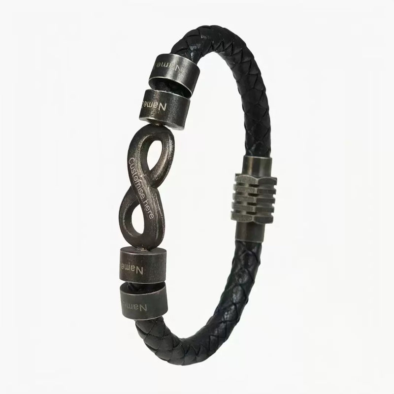 Bracelet infini personnalisable, croûte de cuir noir tressée, 4 anneaux à graver, acier inoxydable, fermoir magnétique, modèle Hestio