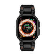 Bracelet robuste noir en cuir avec coutures orange, boucle ardillon en acier inoxydable, style explorateur pour Apple Watch.