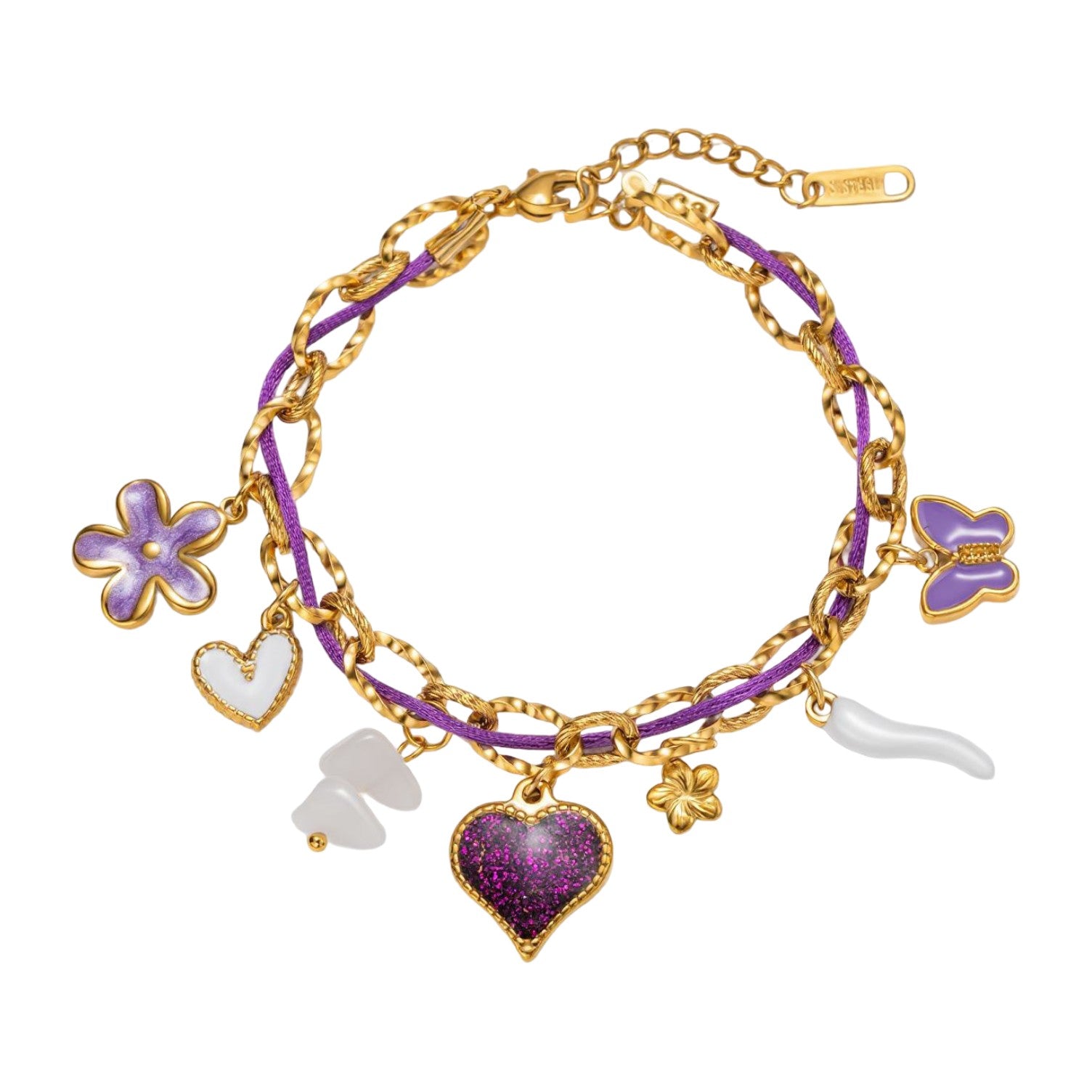 Bracelet à charms ajustable, chaîne dorée et cordon nylon violet, cœur pailleté, fleurs et papillons émaillés, modèle Neyma