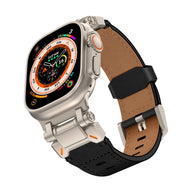 Bracelet cuir noir et intérieur marron, fermoir boucle ardillon acier inoxydable, style robuste explorateur pour Apple Watch