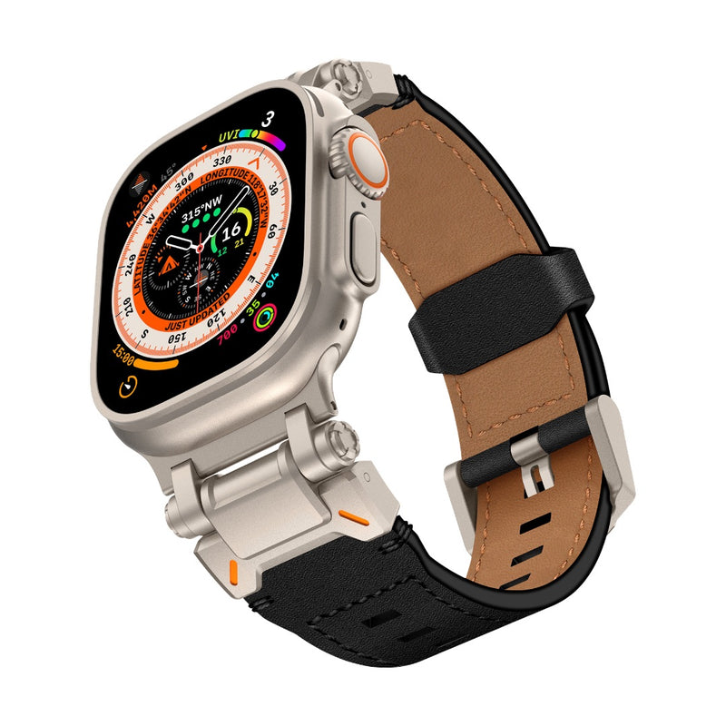 Bracelet cuir noir et intérieur marron, fermoir boucle ardillon acier inoxydable, style robuste explorateur pour Apple Watch
