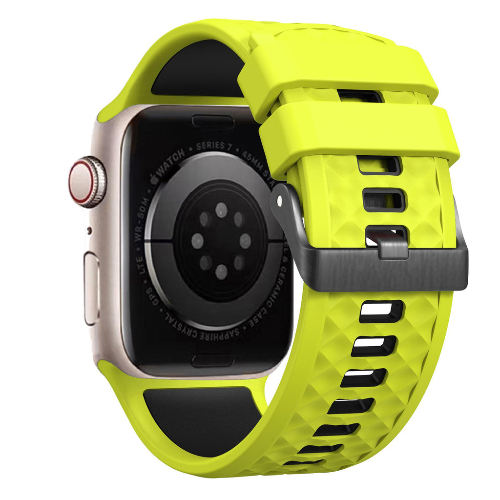 Bracelet silicone compatible Apple Watch, texture géométrique, boucle ardillon réglable, idéal sport, modèle Brush