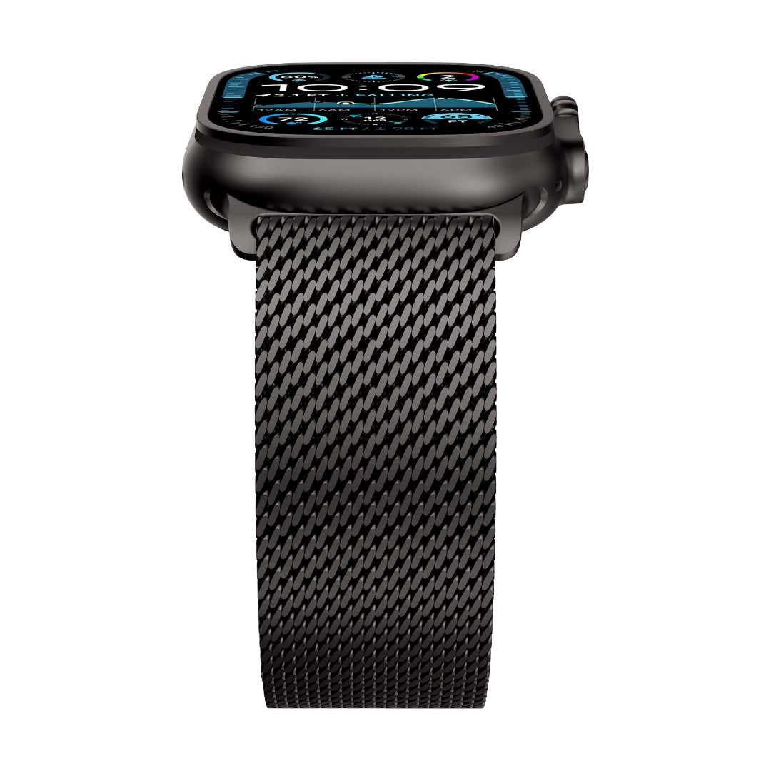 Bracelet maille milanaise noir en acier inoxydable pour Apple Watch avec fermoir sécurité parachute.