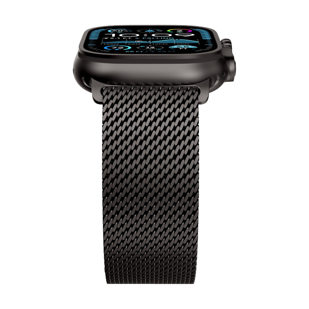 Bracelet maille milanaise noir en acier inoxydable pour Apple Watch avec fermoir sécurité parachute.