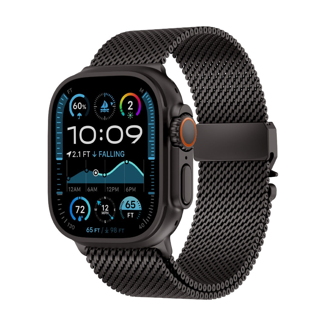 Bracelet maille milanaise en acier inoxydable noir pour Apple Watch avec fermoir sécurité tactique parachute.