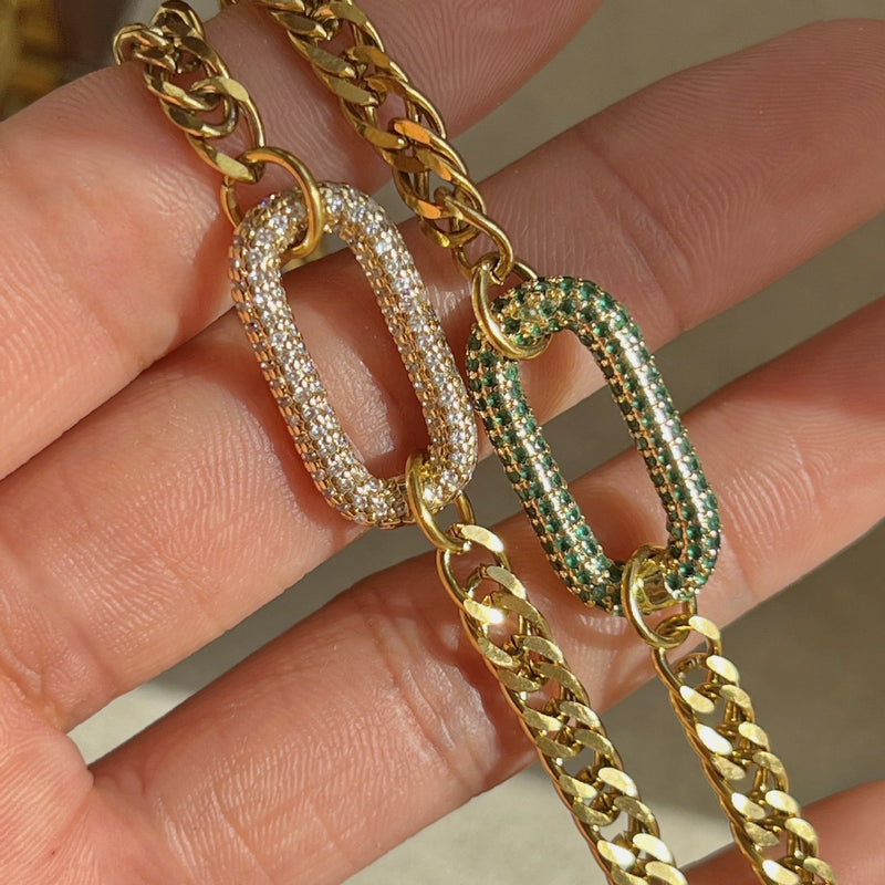Bracelet gourmette doré, maille cubaine en acier inoxydable, maillon central serti de zirconiums, ajustable, modèle Cindelle