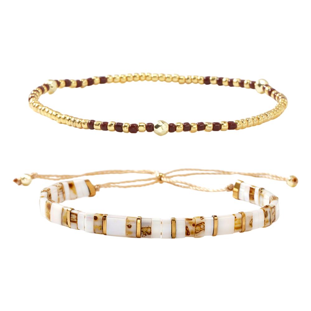 Duo de pulseiras em contas de vidro, cordão deslizante ajustável, joias douradas e coloridas para o pulso, modelo Madine