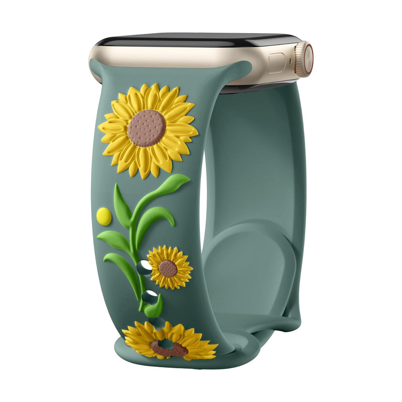 Bracelet Apple Watch silicone fleur de tournesol en relief, taille ajustable, disponible en plusieurs coloris, modèle Sunda