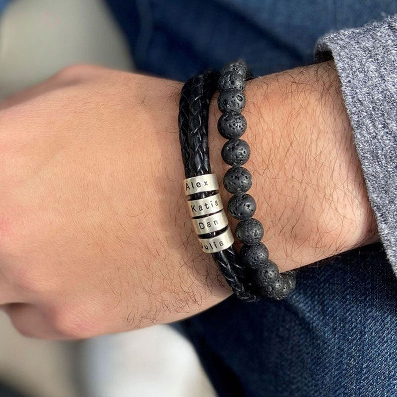Personligt armbånd med dobbelt flettet snor, graverbare perler i stål, model Mauricio
