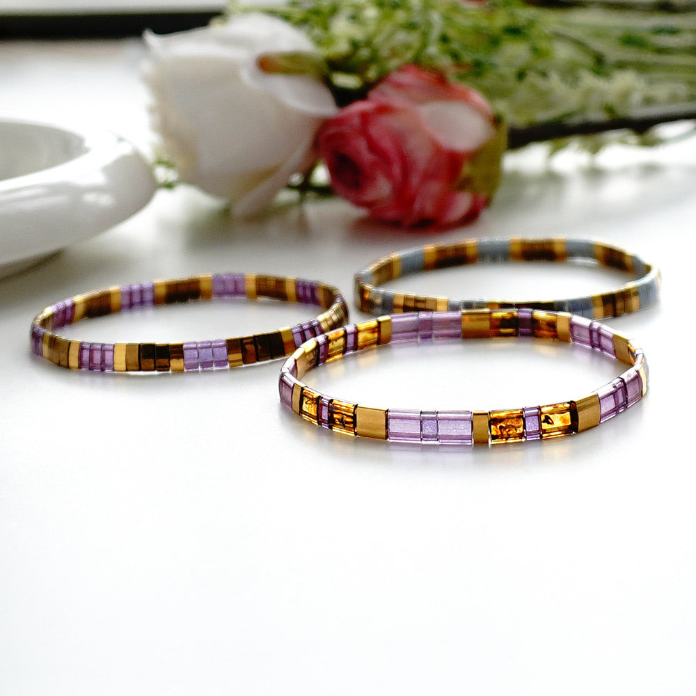 Trio de bracelets élastiques en perles Tila, reflets lilas dorés et argentés, modèle Misaka