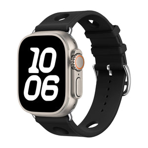 Bracelet Apple Watch noir en silicone perforé avec fermoir en acier inoxydable, style sportif et respirant.