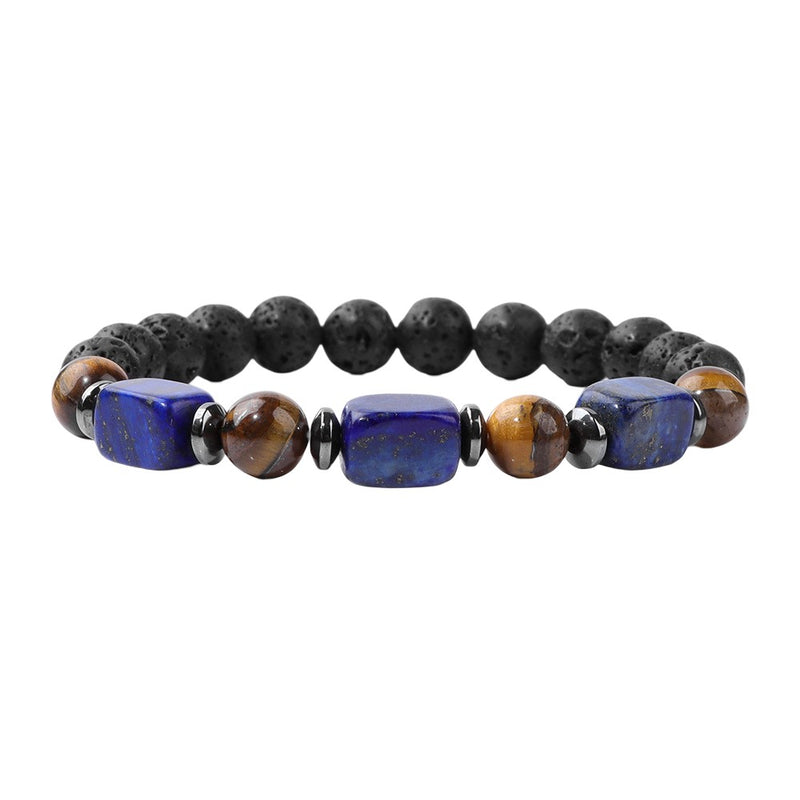 Bracelet élastique masculin en perles rondes noires de pierre volcanique, perles cylindriques bleues et perles œil de tigre.