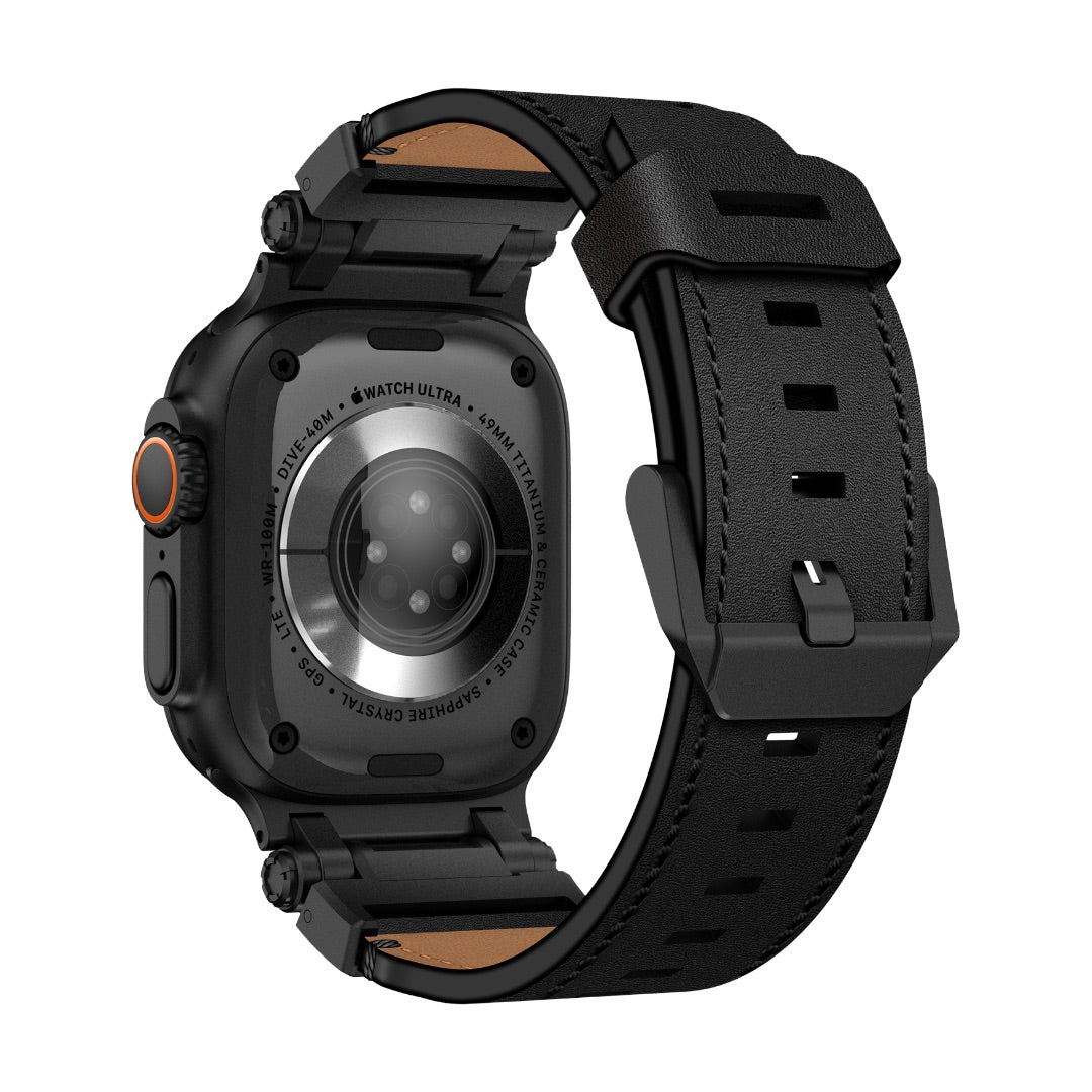 Bracelet en cuir noir épais pour Apple Watch, boucle ardillon en acier inoxydable, style robuste et explorateur, compatible.