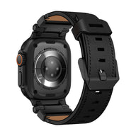 Bracelet en cuir noir épais pour Apple Watch, boucle ardillon en acier inoxydable, style robuste et explorateur, compatible.