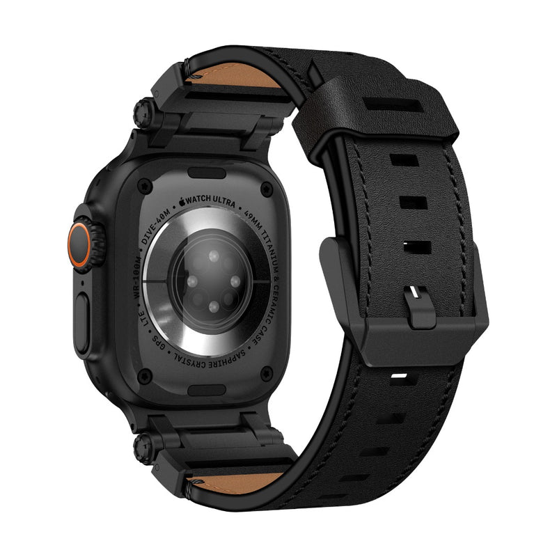 Bracelet en cuir noir épais pour Apple Watch, boucle ardillon en acier inoxydable, style robuste et explorateur, compatible.