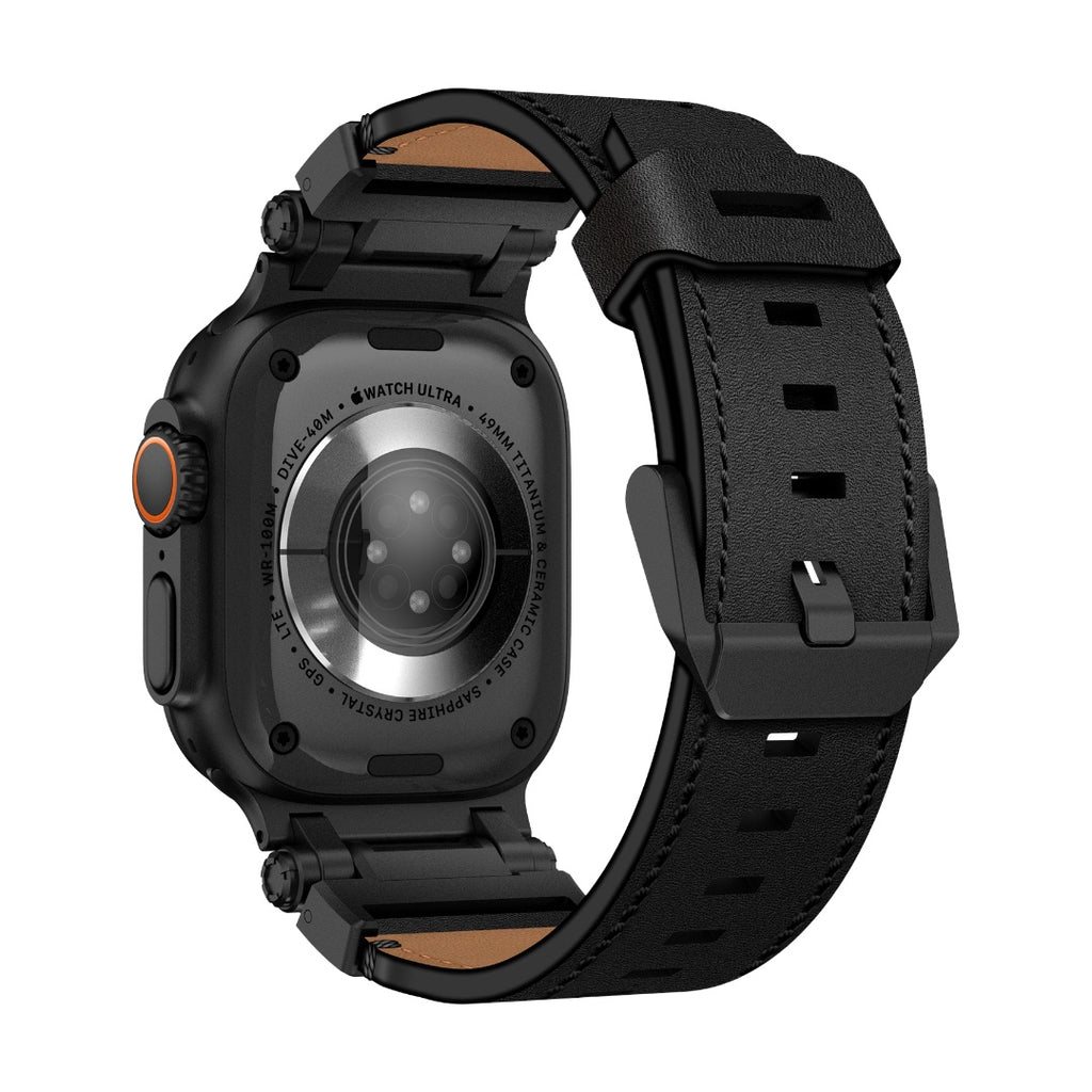 Bracelet en cuir noir épais pour Apple Watch, boucle ardillon en acier inoxydable, style robuste et explorateur, compatible.